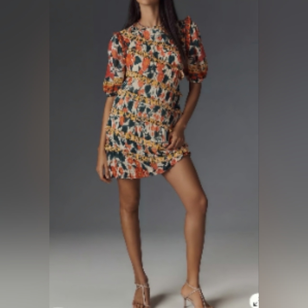 Farm Rio x Anthropologie Puff-Sleeve Fitted Mini Dress Size L